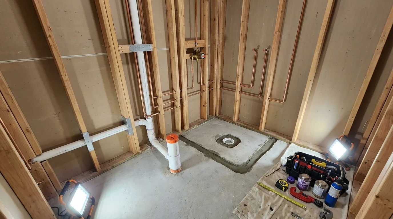 Bathroom rough-in plumbing during remodel by Johns Plumbing LLC in Norwich