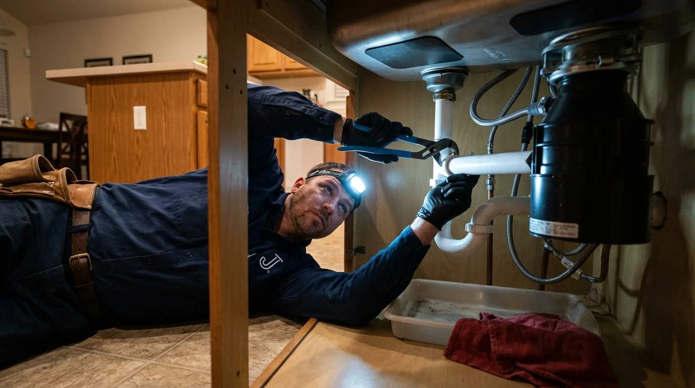 P-trap and supply line connections under a kitchen sink showing a common leak point in Norwich, CT